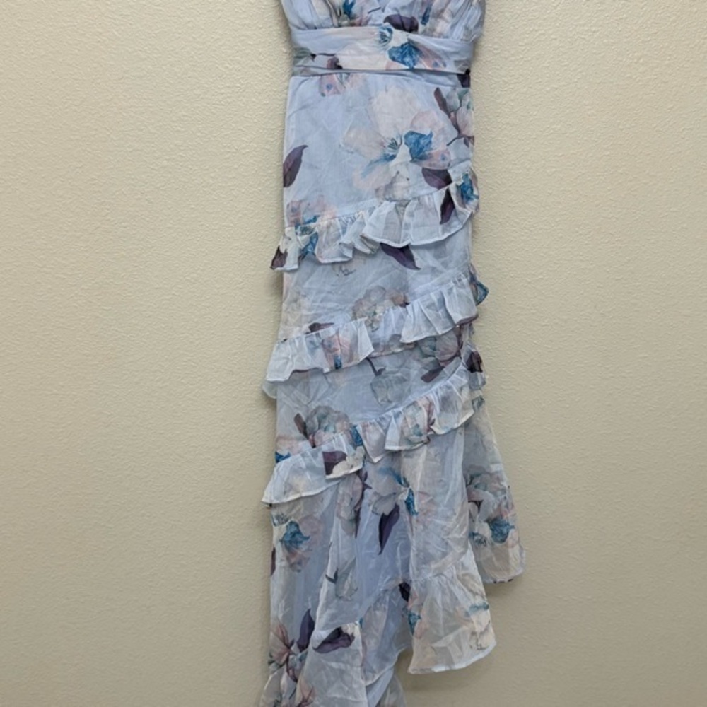 NEW Lulus Saveria Light Blue Floral Ruffle Asymmetrical Maxi Dress XS Party - Picture 7 of 9